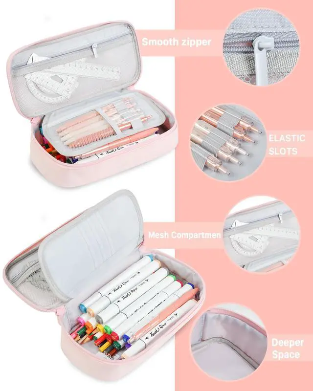 Alt view image 6 of 6 - Cute Pencil Case for Girls, Large Pencil Pouch, Zipper Pencil Box, Aesthetic Pen Bag School Supplies for Student Teen College Adults, Pink