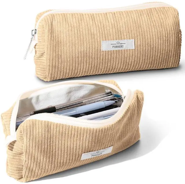 Main image of Soft Corduroy Pencil Case Pouch - Small Stationery Pen Bag Apricot