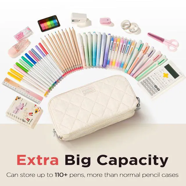 Alt view image 3 of 7 - Cute Pencil Case, Aesthetic Pen Pencil Pouch, Extra Large Pencil Bag with Zipper, Special Pencil Holder Stationery Bag Marker Organizer, School Essentials Supplies for Girls Adult Teen, Beige