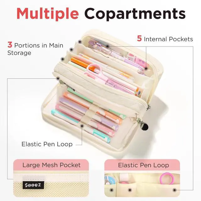 Alt view image 4 of 7 - Cute Pencil Case, Aesthetic Pen Pencil Pouch, Extra Large Pencil Bag with Zipper, Special Pencil Holder Stationery Bag Marker Organizer, School Essentials Supplies for Girls Adult Teen, Beige