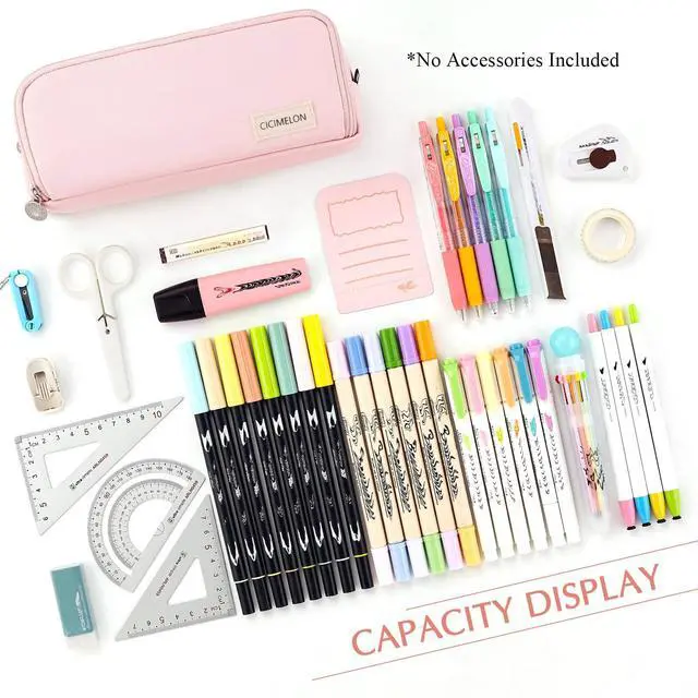 Alt view image 3 of 7 - Large Capacity Pencil Case 3 Compartment Pouch Pen Bag for School Teen Girl Boy Men Women (Pink)