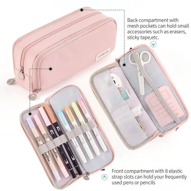 Alt view image 4 of 7 - Large Capacity Pencil Case 3 Compartment Pouch Pen Bag for School Teen Girl Boy Men Women (Pink)