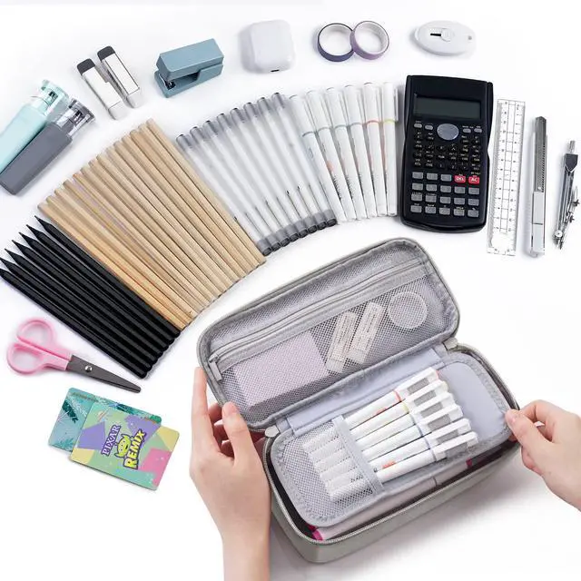 Alt view image 2 of 7 - Large Pencil Case Aesthetic,Big Capacity Canvas Pencil Pouch with Zipper, Pencil Case for Women & Men, Marker Pen Case,Portable Pencil Bag for Office Light Grey