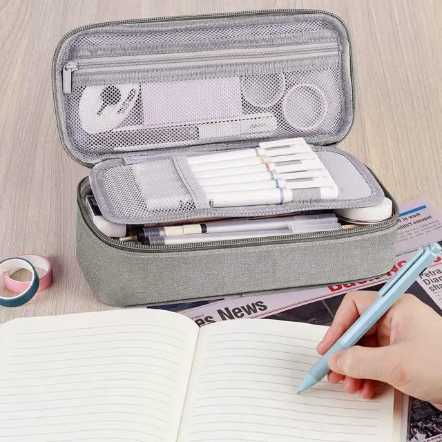 Alt view image 6 of 7 - Large Pencil Case Aesthetic,Big Capacity Canvas Pencil Pouch with Zipper, Pencil Case for Women & Men, Marker Pen Case,Portable Pencil Bag for Office Light Grey