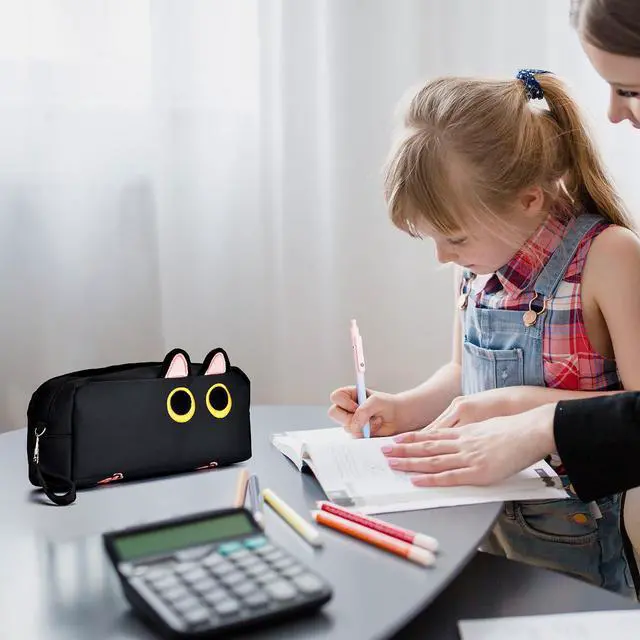 Alt view image 3 of 7 - Hongdian Large Capacity Pencil Case Black Color, 3D Cat Pen Bags Pencil Pouch Organizer for Office College School