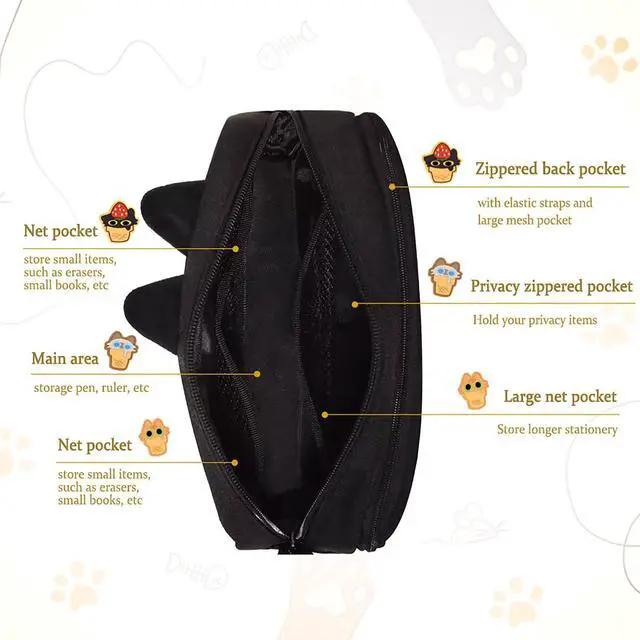 Alt view image 5 of 7 - Hongdian Large Capacity Pencil Case Black Color, 3D Cat Pen Bags Pencil Pouch Organizer for Office College School