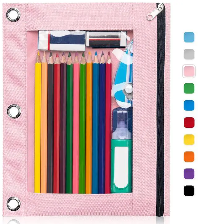 Main image of Pencil Pouch for 3 Ring Binder, Binder Pencil Case with Smooth Zipper, Clear Window Pencil Case for Binder, Big Capacity 3 Ring Binder Pencil Bag with 3 Reinforced Grommets, Pink