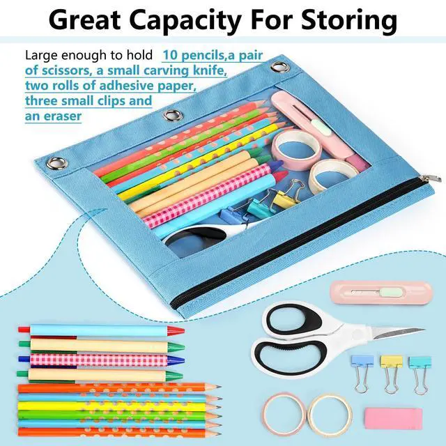 Alt view image 5 of 7 - Pencil Pouch for 3 Ring Binder, Binder Pencil Case with Smooth Zipper, Clear Window Pencil Case for Binder, Big Capacity 3 Ring Binder Pencil Bag with 3 Reinforced Grommets, Pink