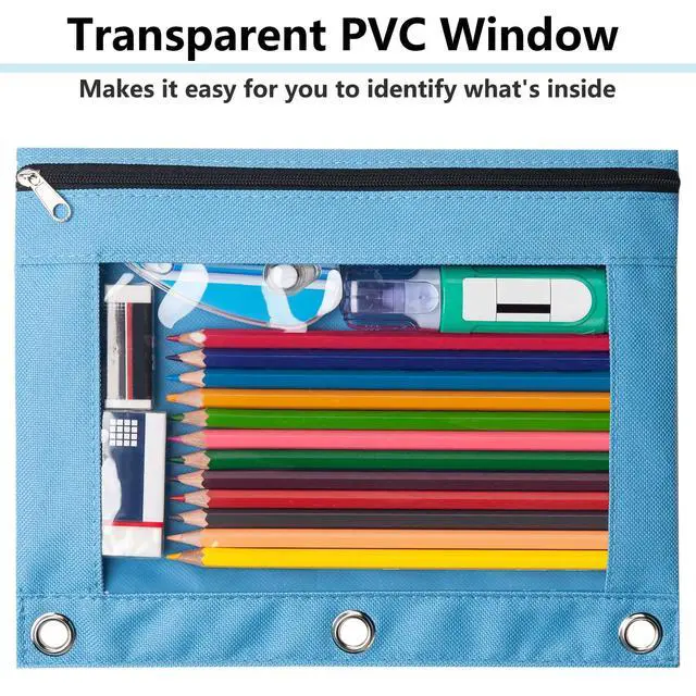 Alt view image 6 of 7 - Pencil Pouch for 3 Ring Binder, Binder Pencil Case with Smooth Zipper, Clear Window Pencil Case for Binder, Big Capacity 3 Ring Binder Pencil Bag with 3 Reinforced Grommets, Pink