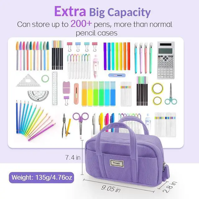 Alt view image 3 of 7 - Large Pencil Case Pouch, Extra Big Pencil Bag with 5 Compartments, Pen Bag Wide Opening, Soft Corduroy Pencil Pouch Organizer with Zipper, Cute Aesthetic School Supplies for Teen Girls-Purple