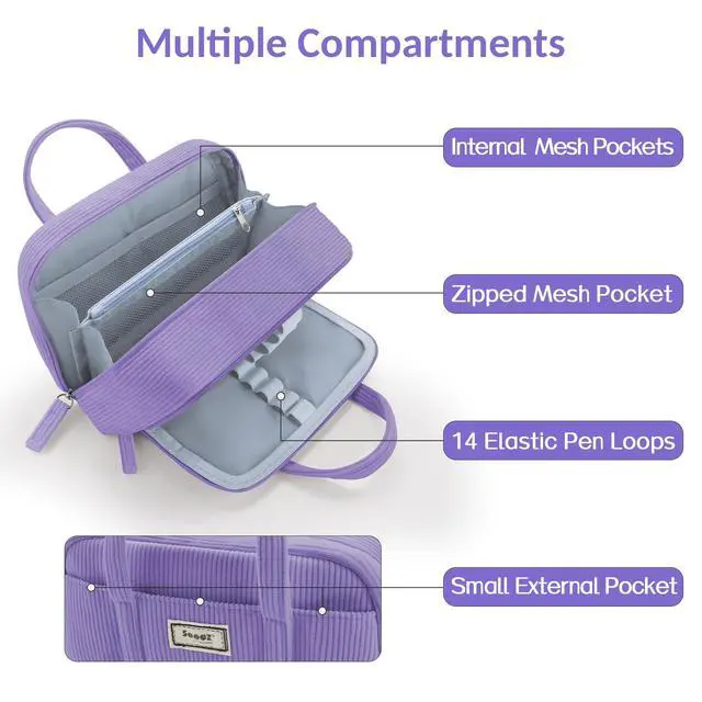 Alt view image 4 of 7 - Large Pencil Case Pouch, Extra Big Pencil Bag with 5 Compartments, Pen Bag Wide Opening, Soft Corduroy Pencil Pouch Organizer with Zipper, Cute Aesthetic School Supplies for Teen Girls-Purple