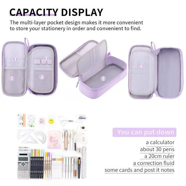 Alt view image 2 of 6 - Durable Pen Pencil Case Big Storage Pen Pouch Bag for School Supplies Office College Teen Girls Adults, Purple