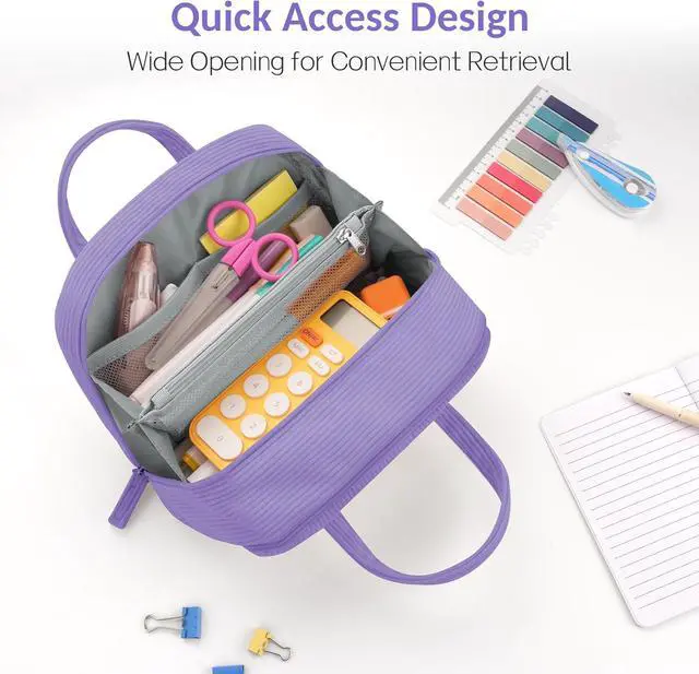Alt view image 5 of 7 - Large Pencil Case Pouch, Extra Big Pencil Bag with 5 Compartments, Pen Bag Wide Opening, Soft Corduroy Pencil Pouch Organizer with Zipper, Cute Aesthetic School Supplies for Teen Girls-Purple