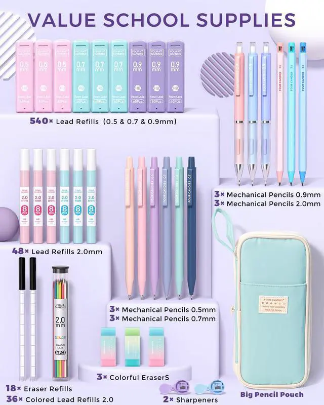 Alt view image 5 of 7 - 36PCS Aesthetic School Supplies, Mechanical Pencils 0.5mm, 0.7mm, 0.9mm & 2.0mm with 624PCS Lead Refills, Cute Mechanical Pencil Set for Writing, Drawing & Drafting (Blue)