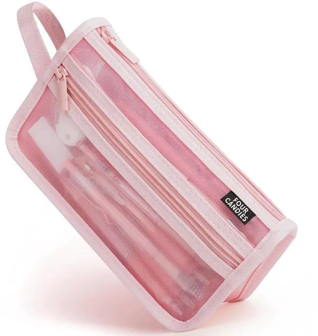 Main image of Grid Mesh Pencil Case with Handle and Zipper, Clear Double-layer Pencil Pouch Marker Pouch, Travel Makeup Bag, Cute Transparent Stationary Organizer Pen Bag for Adult Office College