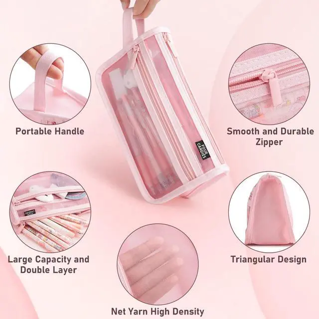Alt view image 2 of 7 - Grid Mesh Pencil Case with Handle and Zipper, Clear Double-layer Pencil Pouch Marker Pouch, Travel Makeup Bag, Cute Transparent Stationary Organizer Pen Bag for Adult Office College