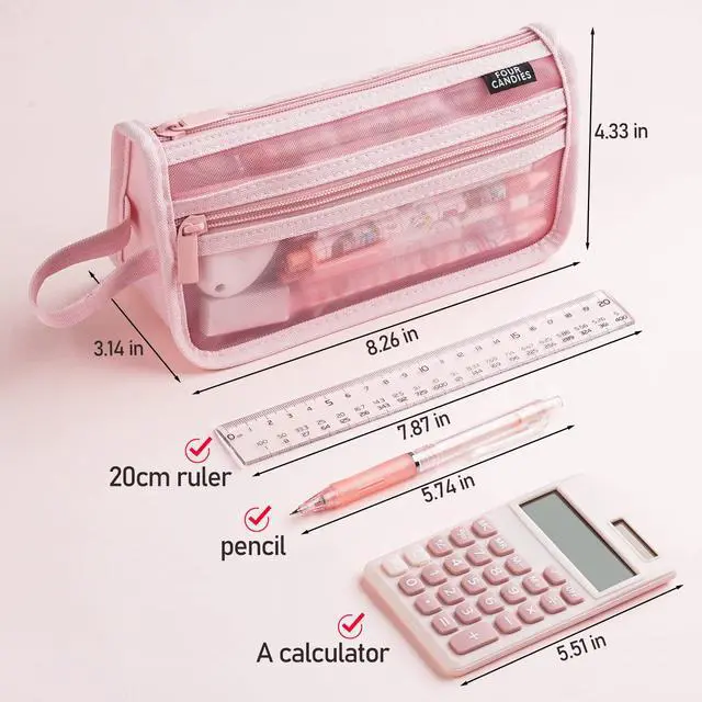Alt view image 4 of 7 - Grid Mesh Pencil Case with Handle and Zipper, Clear Double-layer Pencil Pouch Marker Pouch, Travel Makeup Bag, Cute Transparent Stationary Organizer Pen Bag for Adult Office College