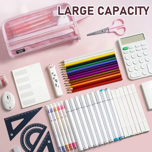 Alt view image 3 of 7 - Grid Mesh Pencil Case with Handle and Zipper, Clear Double-layer Pencil Pouch Marker Pouch, Travel Makeup Bag, Cute Transparent Stationary Organizer Pen Bag for Adult Office College