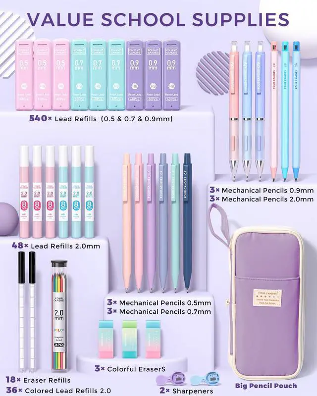 Alt view image 5 of 7 - 36PCS Aesthetic School Supplies, Mechanical Pencils 0.5mm, 0.7mm, 0.9mm & 2.0mm with 624PCS Lead Refills, Cute Mechanical Pencil Set for Writing, Drawing & Drafting (Purple)