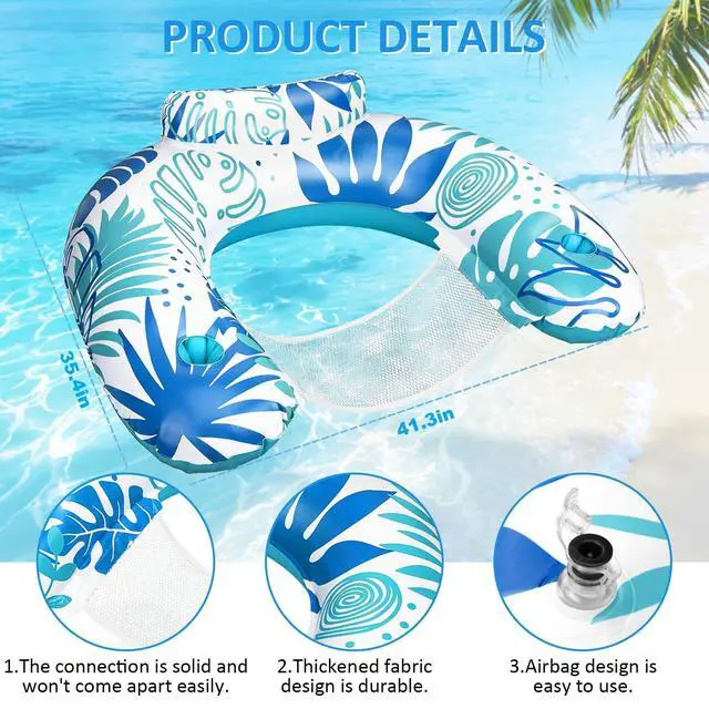 Alt view image 3 of 7 - Pool Floats Adult, 2 Pack Inflatable Pool Float Chair, Portable Pool Lounger Float with Cup Holders, Floating Pool Chair Floaties for Adults Summer Pool Lake River Beach Party Water Fun