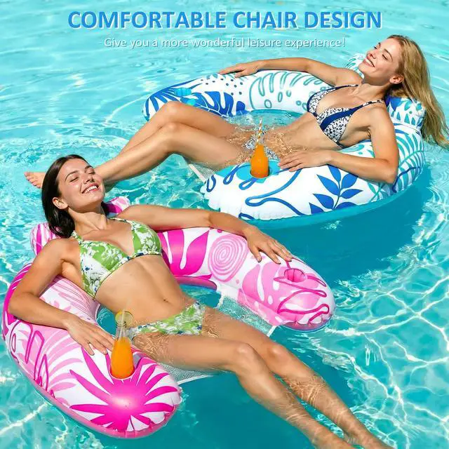 Alt view image 6 of 7 - Pool Floats Adult, 2 Pack Inflatable Pool Float Chair, Portable Pool Lounger Float with Cup Holders, Floating Pool Chair Floaties for Adults Summer Pool Lake River Beach Party Water Fun
