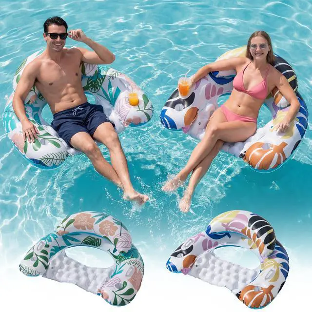 Main image of 2 Pack Pool Floats Adult, Pool Floaties with Two Cup Holders & Handles, Inflatable Pool Floats Chairs, Lake Floats Applies to Swimming Pool Party Summer Lake Water Fun-Multicolor