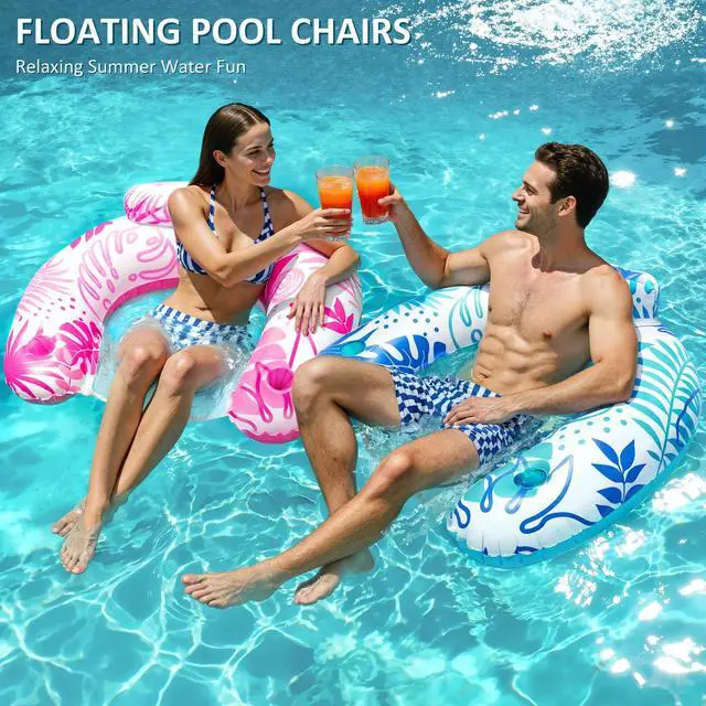 Alt view image 5 of 7 - Pool Floats Adult, 2 Pack Inflatable Pool Float Chair, Portable Pool Lounger Float with Cup Holders, Floating Pool Chair Floaties for Adults Summer Pool Lake River Beach Party Water Fun