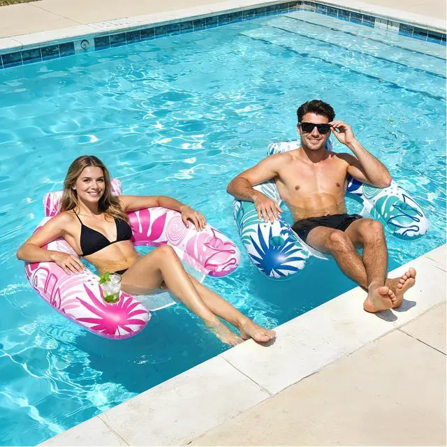 Alt view image 4 of 7 - Pool Floats Adult, 2 Pack Inflatable Pool Float Chair, Portable Pool Lounger Float with Cup Holders, Floating Pool Chair Floaties for Adults Summer Pool Lake River Beach Party Water Fun