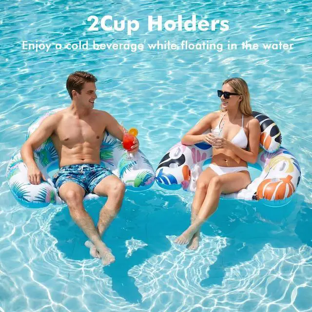 Alt view image 3 of 7 - 2 Pack Pool Floats Adult, Pool Floaties with Two Cup Holders & Handles, Inflatable Pool Floats Chairs, Lake Floats Applies to Swimming Pool Party Summer Lake Water Fun-Multicolor