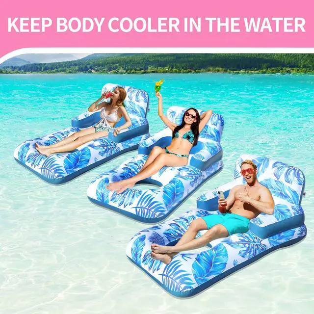 Alt view image 2 of 6 - Pool Floats Adult, 65" Pool Lounger Float with Backrest Armrest Footrest, Inflatable Pool Float w/Cup and Phone Holder, Thicken Floating Pool Lounge Chair Floaties for Pool Beach Lake Water Fun