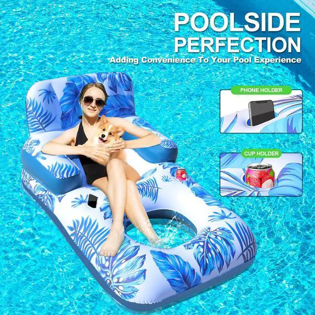 Alt view image 4 of 6 - Pool Floats Adult, 65" Pool Lounger Float with Backrest Armrest Footrest, Inflatable Pool Float w/Cup and Phone Holder, Thicken Floating Pool Lounge Chair Floaties for Pool Beach Lake Water Fun
