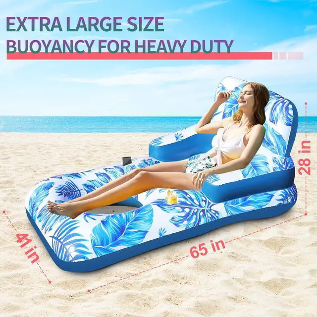 Alt view image 3 of 6 - Pool Floats Adult, 65" Pool Lounger Float with Backrest Armrest Footrest, Inflatable Pool Float w/Cup and Phone Holder, Thicken Floating Pool Lounge Chair Floaties for Pool Beach Lake Water Fun