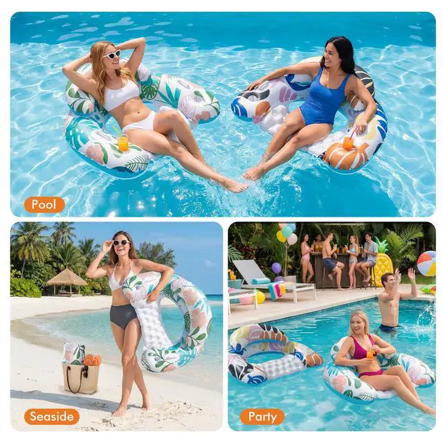 Alt view image 2 of 7 - 2 Pack Pool Floats Adult, Pool Floaties with Two Cup Holders & Handles, Inflatable Pool Floats Chairs, Lake Floats Applies to Swimming Pool Party Summer Lake Water Fun-Multicolor