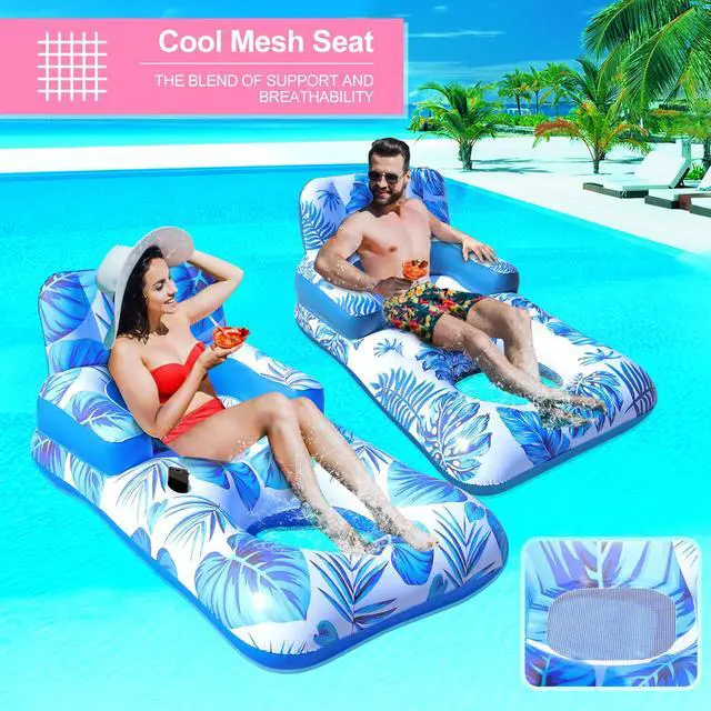 Alt view image 6 of 6 - Pool Floats Adult, 65" Pool Lounger Float with Backrest Armrest Footrest, Inflatable Pool Float w/Cup and Phone Holder, Thicken Floating Pool Lounge Chair Floaties for Pool Beach Lake Water Fun