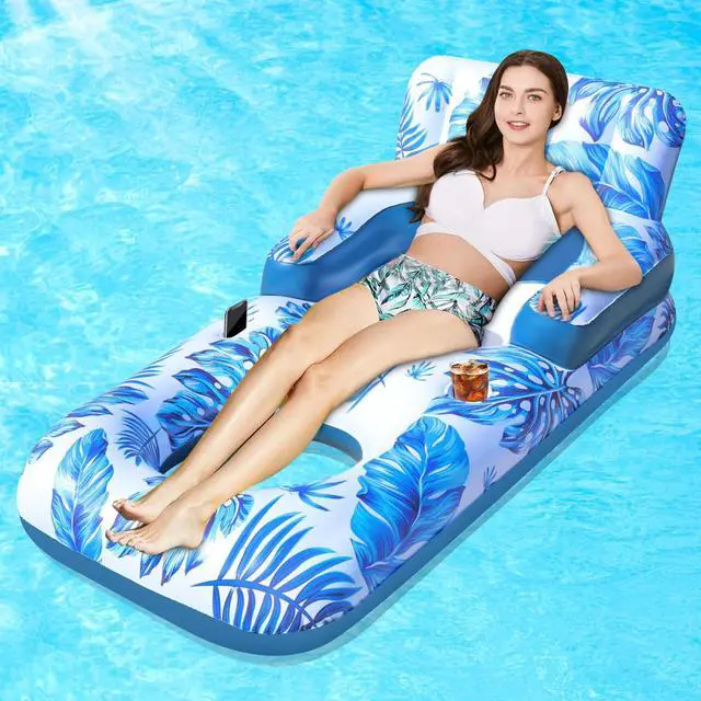 Main image of Pool Floats Adult, 65" Pool Lounger Float with Backrest Armrest Footrest, Inflatable Pool Float w/Cup and Phone Holder, Thicken Floating Pool Lounge Chair Floaties for Pool Beach Lake Water Fun