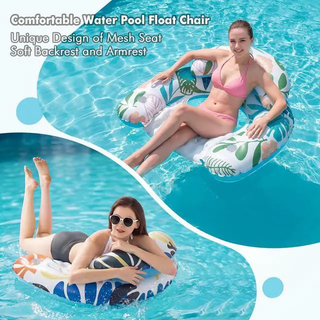 Alt view image 4 of 7 - 2 Pack Pool Floats Adult, Pool Floaties with Two Cup Holders & Handles, Inflatable Pool Floats Chairs, Lake Floats Applies to Swimming Pool Party Summer Lake Water Fun-Multicolor