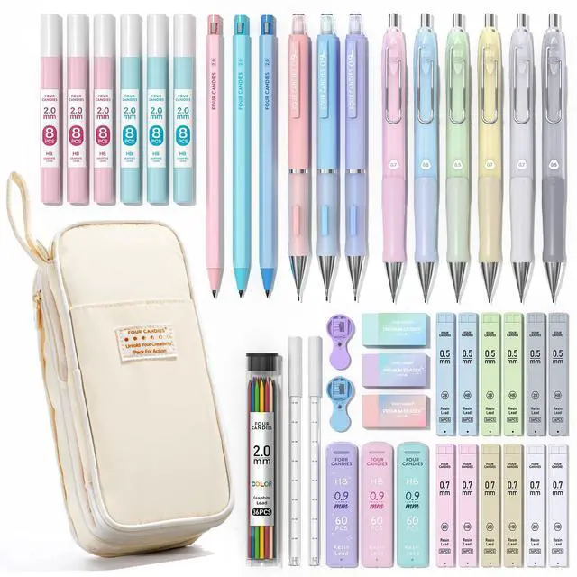 Main image of 42PCS Aesthetic School Supplies, Mechanical Pencils 0.5mm, 0.7mm, 0.9mm & 2.0mm with 696PCS Lead Refills, Cute Mechanical Pencil Set for Writing, Drawing & Drafting (Cream)