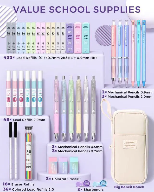 Alt view image 4 of 6 - 42PCS Aesthetic School Supplies, Mechanical Pencils 0.5mm, 0.7mm, 0.9mm & 2.0mm with 696PCS Lead Refills, Cute Mechanical Pencil Set for Writing, Drawing & Drafting (Cream)