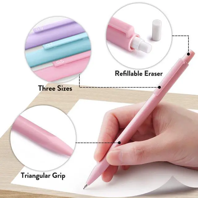 Alt view image 5 of 7 - Cute Mechanical Pencil Set, 6PCS Pastel Mechanical Pencils 0.5 mm & 0.7mm & 0.9mm with 360PCS Leads, 3PCS Erasers and 9PCS Eraser Refills, Aesthetic Pencils for Girls Writing, Art Drawing