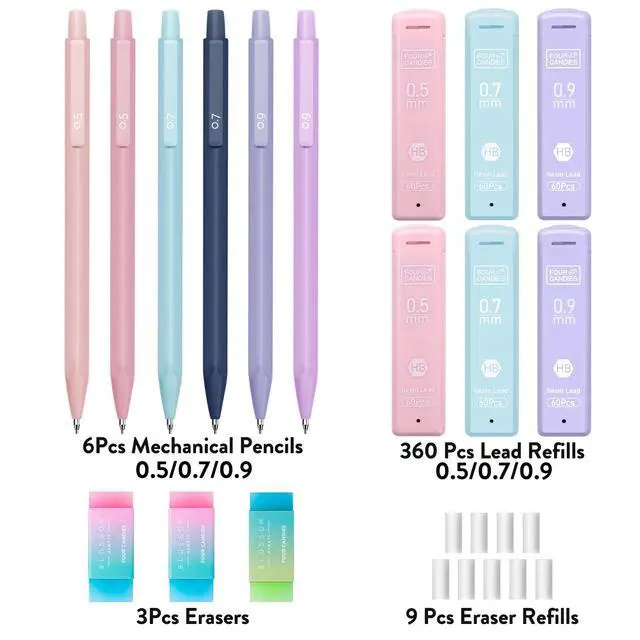 Alt view image 6 of 7 - Cute Mechanical Pencil Set, 6PCS Pastel Mechanical Pencils 0.5 mm & 0.7mm & 0.9mm with 360PCS Leads, 3PCS Erasers and 9PCS Eraser Refills, Aesthetic Pencils for Girls Writing, Art Drawing
