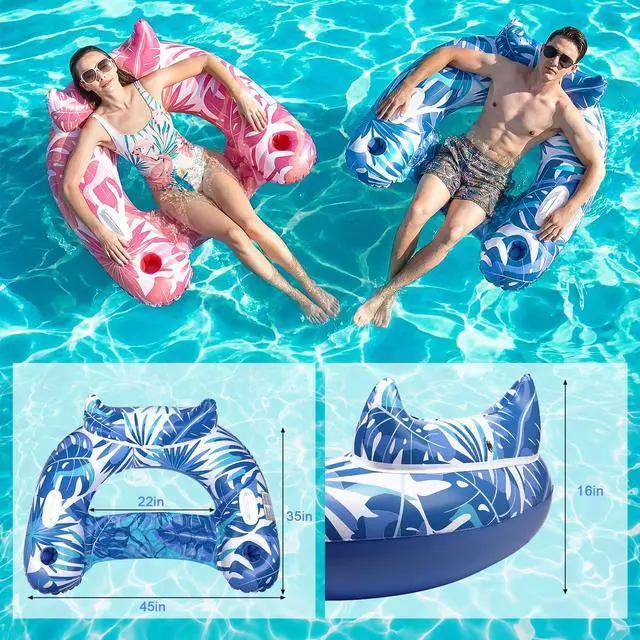 Alt view image 4 of 7 - Inflatable Pool Floats, 2 Pack Adult Pool Float Chair with Cup Holders & Handles, Inflatable Float Chair for Summer Swimming Pools, Parties, Beach, Lakes, and Rivers