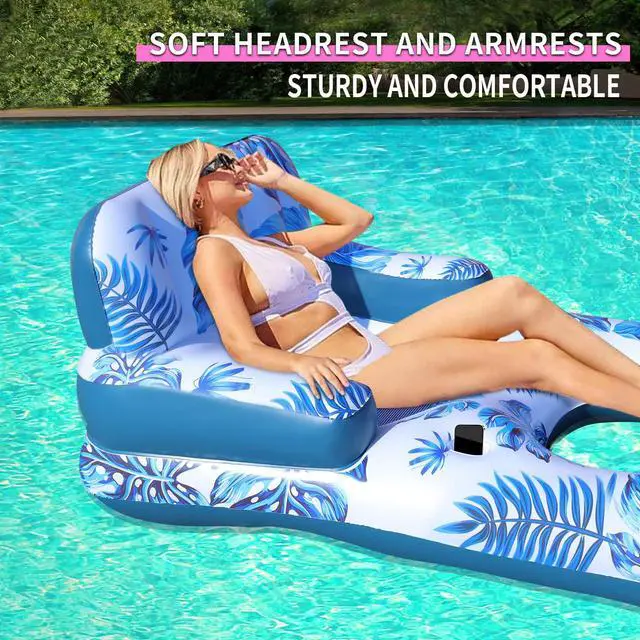 Alt view image 5 of 6 - Pool Floats Adult, 65" Pool Lounger Float with Backrest Armrest Footrest, Inflatable Pool Float w/Cup and Phone Holder, Thicken Floating Pool Lounge Chair Floaties for Pool Beach Lake Water Fun