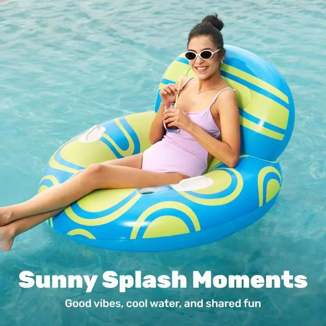 Alt view image 2 of 7 - Inflatable Pool Float Lounger - River Tube Floating Chair Sofa with Big Backrest, Blow Up Floaties Lake Raft Lounge with Mesh Bottom Handle Cup Holder Pool Party Toys for Adults (Blue Yellow)