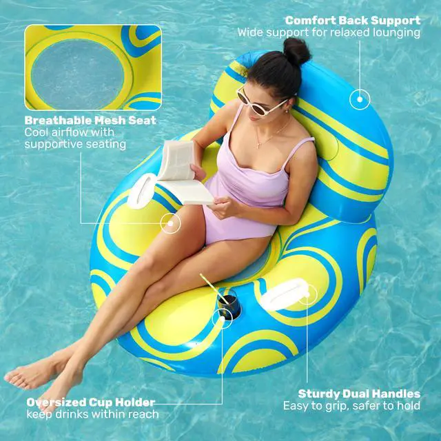 Alt view image 3 of 7 - Inflatable Pool Float Lounger - River Tube Floating Chair Sofa with Big Backrest, Blow Up Floaties Lake Raft Lounge with Mesh Bottom Handle Cup Holder Pool Party Toys for Adults (Blue Yellow)