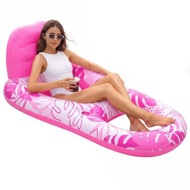 Main image of Pool Lounge Float Adult, Inflatable Pool Floats Lounger Raft Floaties Water Floating Recliner Chair with Cup Holders Foot Rest Swimming Floaty, Pink