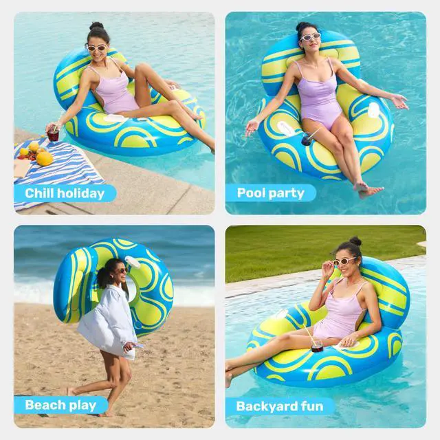 Alt view image 6 of 7 - Inflatable Pool Float Lounger - River Tube Floating Chair Sofa with Big Backrest, Blow Up Floaties Lake Raft Lounge with Mesh Bottom Handle Cup Holder Pool Party Toys for Adults (Blue Yellow)