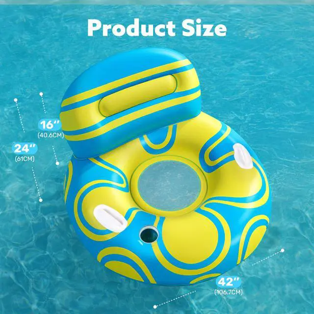 Alt view image 7 of 7 - Inflatable Pool Float Lounger - River Tube Floating Chair Sofa with Big Backrest, Blow Up Floaties Lake Raft Lounge with Mesh Bottom Handle Cup Holder Pool Party Toys for Adults (Blue Yellow)