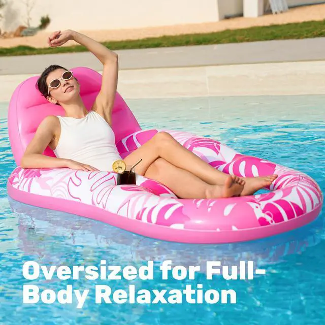 Alt view image 2 of 7 - Pool Lounge Float Adult, Inflatable Pool Floats Lounger Raft Floaties Water Floating Recliner Chair with Cup Holders Foot Rest Swimming Floaty, Pink