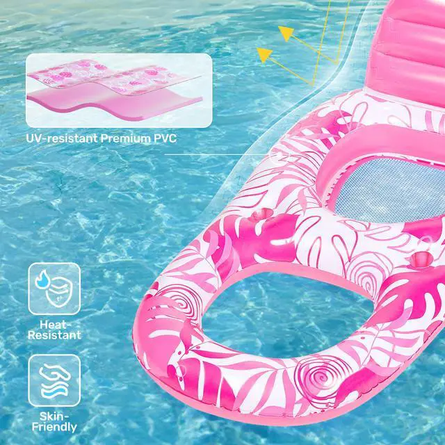 Alt view image 3 of 7 - Pool Lounge Float Adult, Inflatable Pool Floats Lounger Raft Floaties Water Floating Recliner Chair with Cup Holders Foot Rest Swimming Floaty, Pink