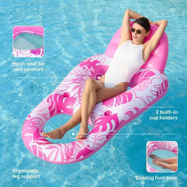 Alt view image 4 of 7 - Pool Lounge Float Adult, Inflatable Pool Floats Lounger Raft Floaties Water Floating Recliner Chair with Cup Holders Foot Rest Swimming Floaty, Pink